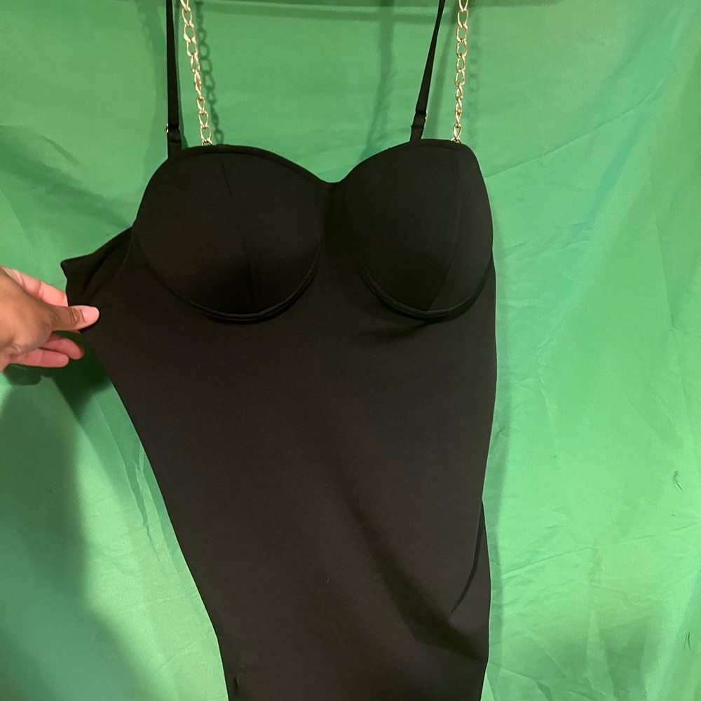 Black gold strappy chain dress